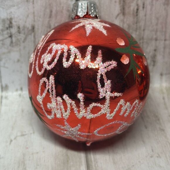 Vintage Red Decorative Merry Christmas Ornaments Holly Berry Gold Glitter 4 set - Picture 3 of 6